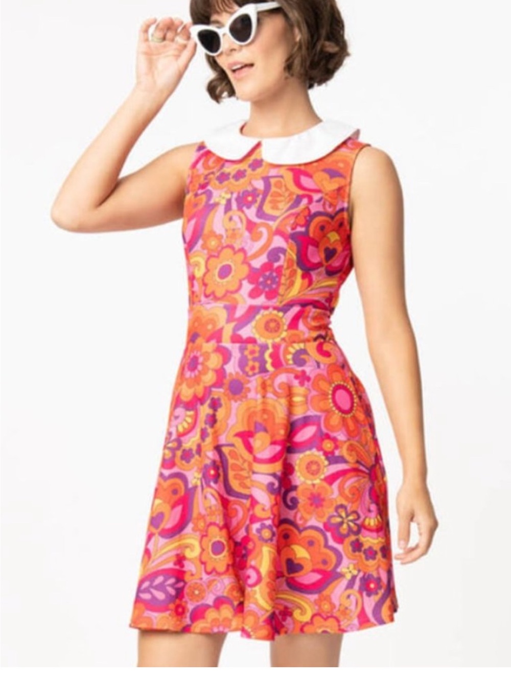 Unique Vintage Pink & Orange Retro Floral Mini Dress with White Peter Pan Collar